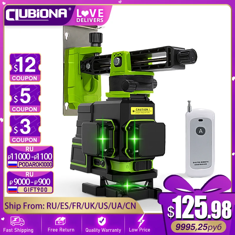 

CLUBIONA ME12B 3D 12 Lines Green Laser Level Cross-Line Self-leveling Flooring & Wall With Remote Control 5200mah Li-ion Battery