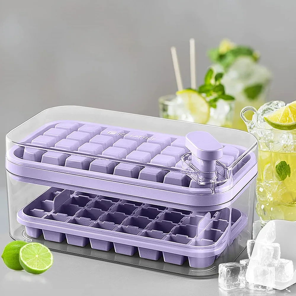 Press Type Ice Cube Tray Set with Lid Bin One-button Push Ice Maker Ice Cube Container 64 Pcs (Purple)