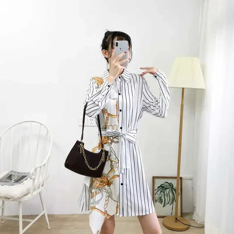 New Stripe Dress Women 2022 Autumn Long Sleeve Dresses Women's Irregular Color Contrast Belt Mid-length Shirt Dress Lady Vestido