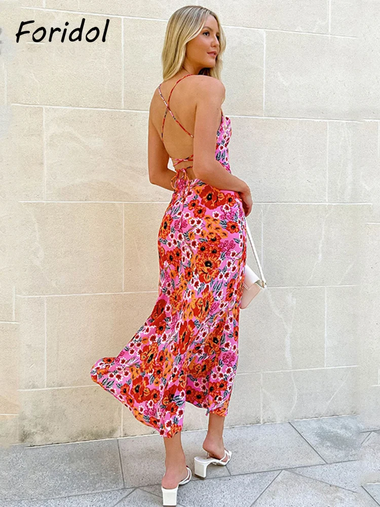 

Foridol Красное Длинное Цветочное платье с открытой спиной, женский сарафан без рукавов, богемное Макси-Платье на бретелях, женское элегантное ...