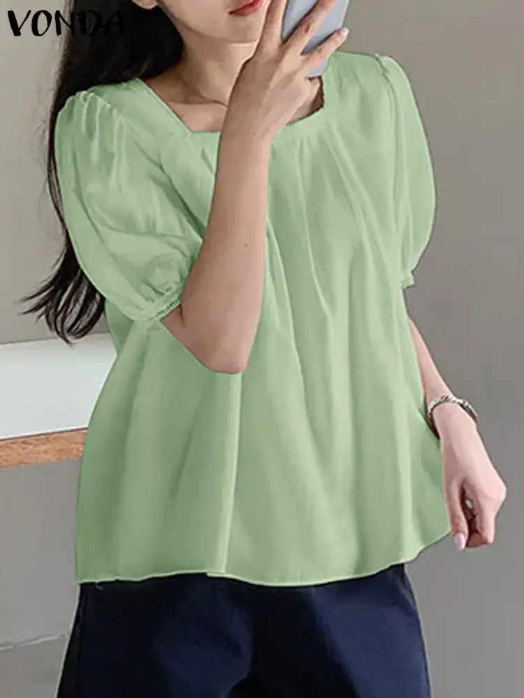 

VONDA Women Fashion Blouse 2023 Casual Loose Solid Color Tops Short Puff Sleeve Shirts Square Neck Bohemian Blusas Oversized