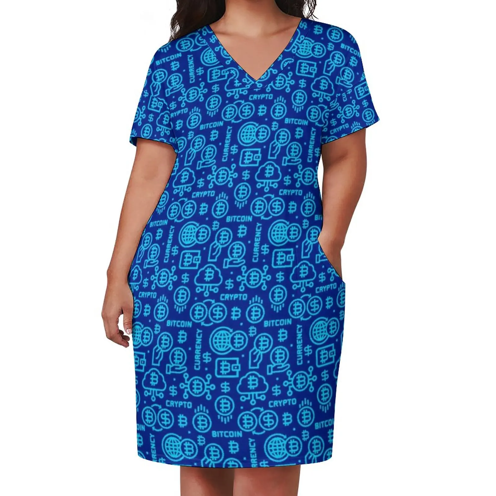 Bitcoin Blue Logo Dress V Neck Crypto Cryptocurrency Aesthetic Dresses Summer Stylish Casual Dress Women Custom Oversize Vestido