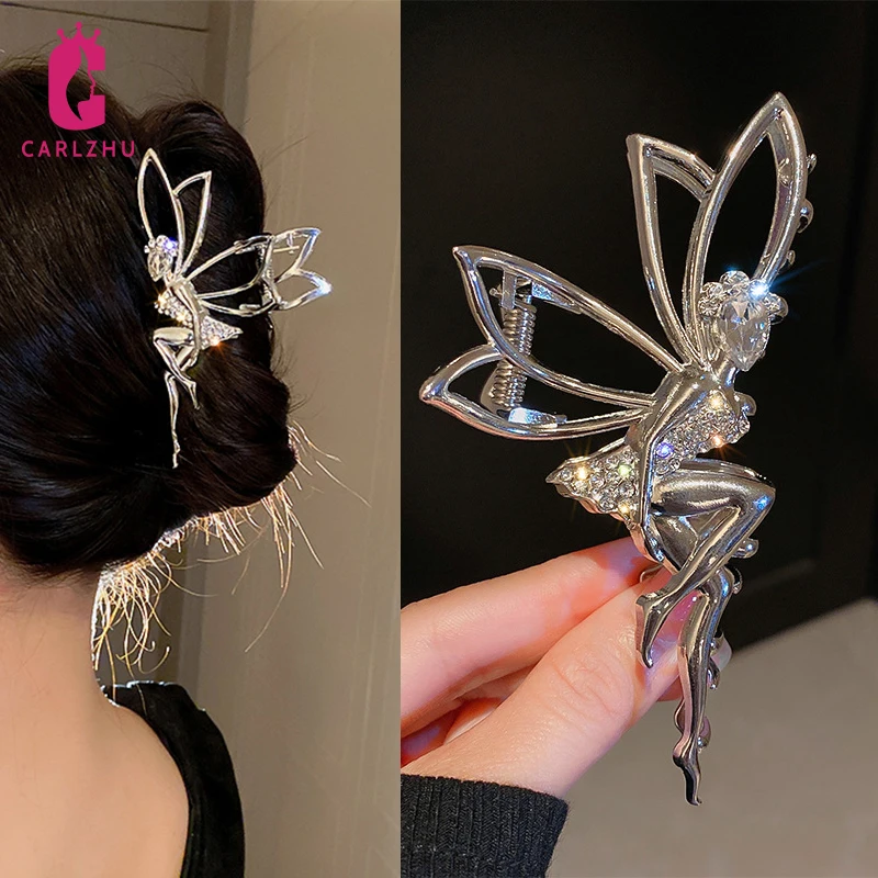 

2022 New Shiny Rhinestone Metal Angel Taxi Dancer Hollow Hair Claw Shark Clip Elegant Temperament Ponytail Hair Clip Bath Clip