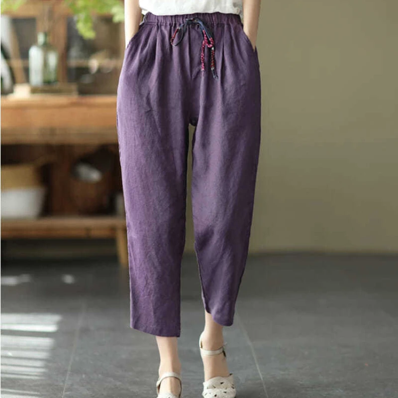 

Vintage Purple Cotton Linen Harem Pants 2022 Spring Autmn Women Casual Baggy Pants Woman Lace-up Waist Loose Cropped Trousers