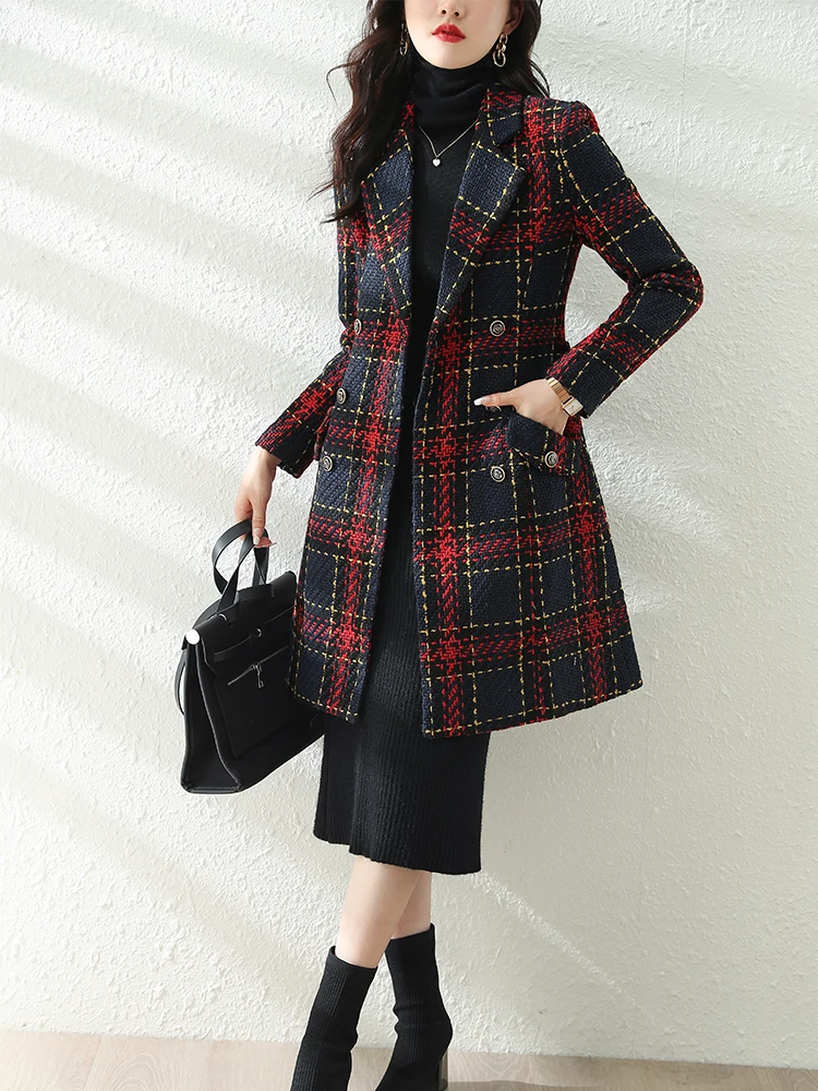 Women Long Casual Plaid Blazer Triple Breasted Jacket Elegant Ladies Red Blue Long Sleeve Female Vintage Coat