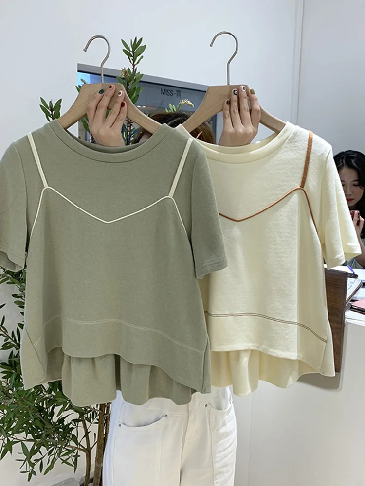 

Korea Chic Sling Stitching Fake Two Piece Women Tops O-Neck Short Sleeve Tees Causal Loose Cotton 2022 Summer New B775