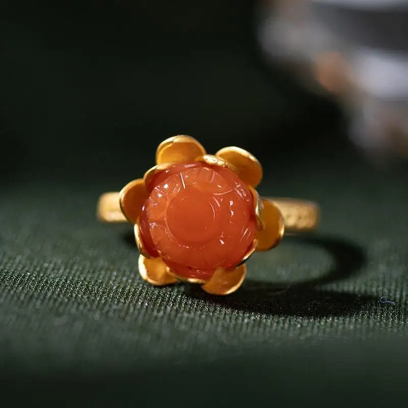

Original S925 Sterling Silver Gold Inlaid South Red Retro Personality Lotus Open Ring Temperament Lady Silver Ring