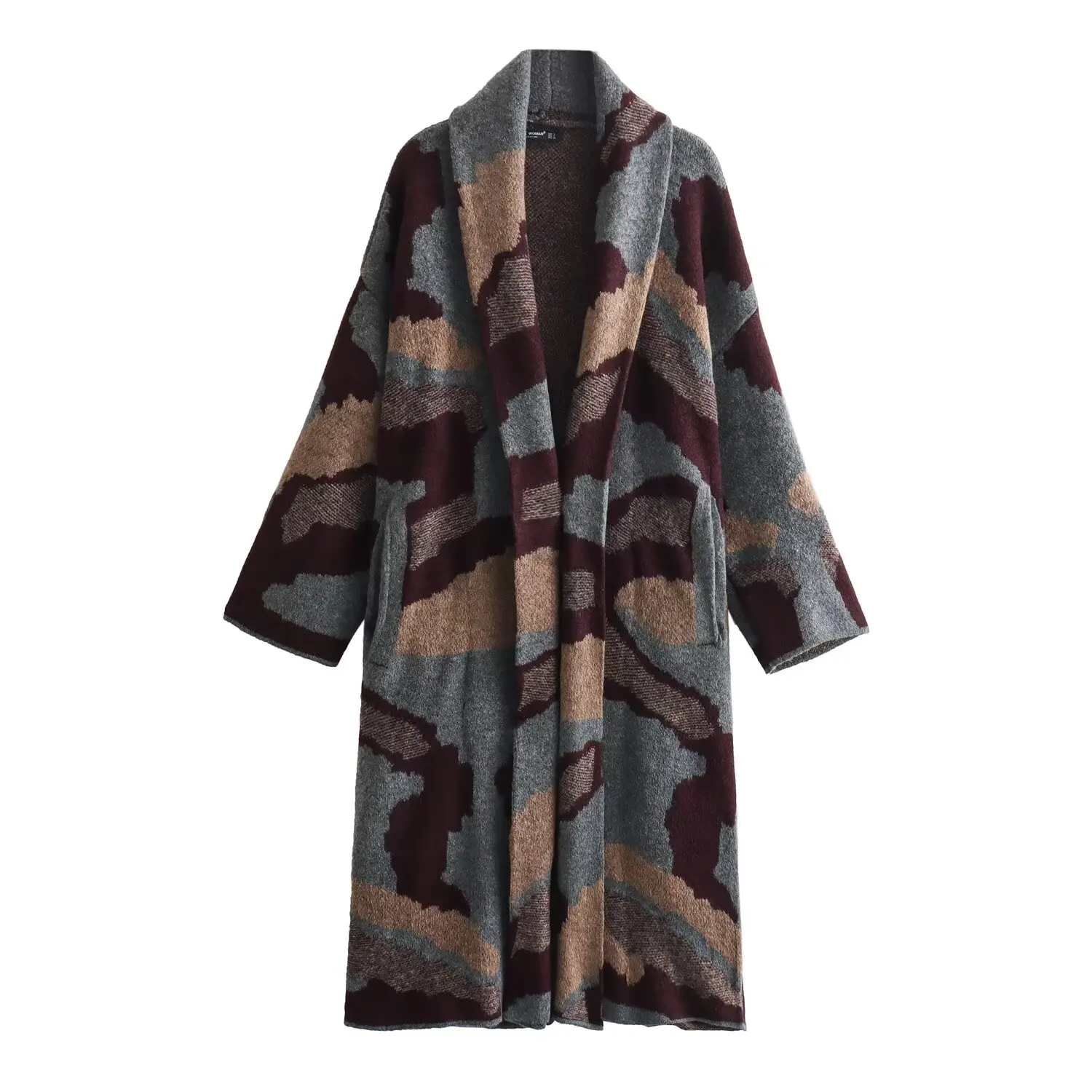 Женское жаккардовое трикотажное пальто с отворотом и длинными рукавами