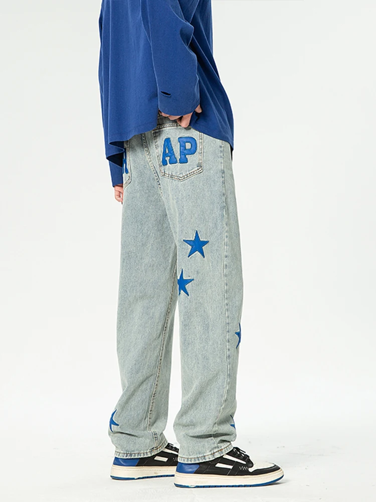Four Seasons Men's Jeans High Street Star Pattern Embroidered Jeans Trendy Street Distressed Straight Loose Casual Pants JEANS
