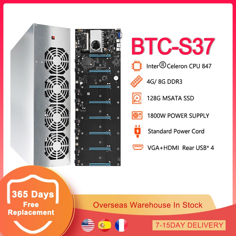 

BTC S37 Mining Motherboard Chassis Set for 8 Graphics Card with 8GB DDR3 128GB mSATA SSD 8 Pin Power Cable ETH Bitcoin Miner