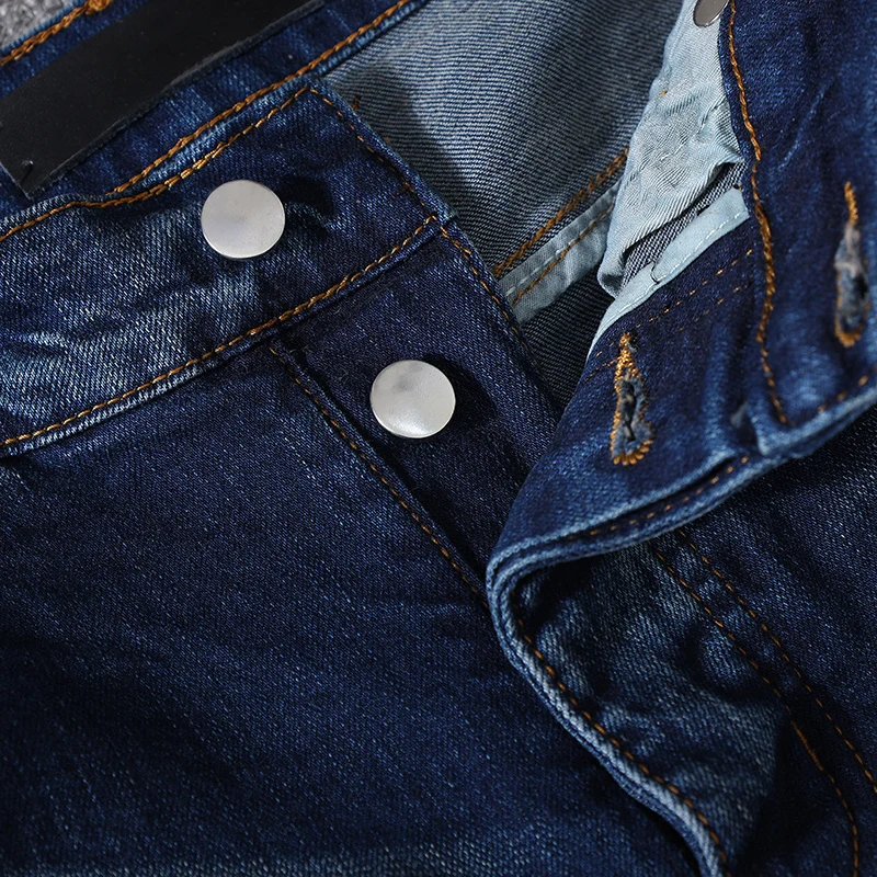 Street Fashion Men Jeans Retro Dark Blue Stretch Skinny Fit Button Ripped Jeans Men Leather Patched Designer Hip Hop Brand Pants