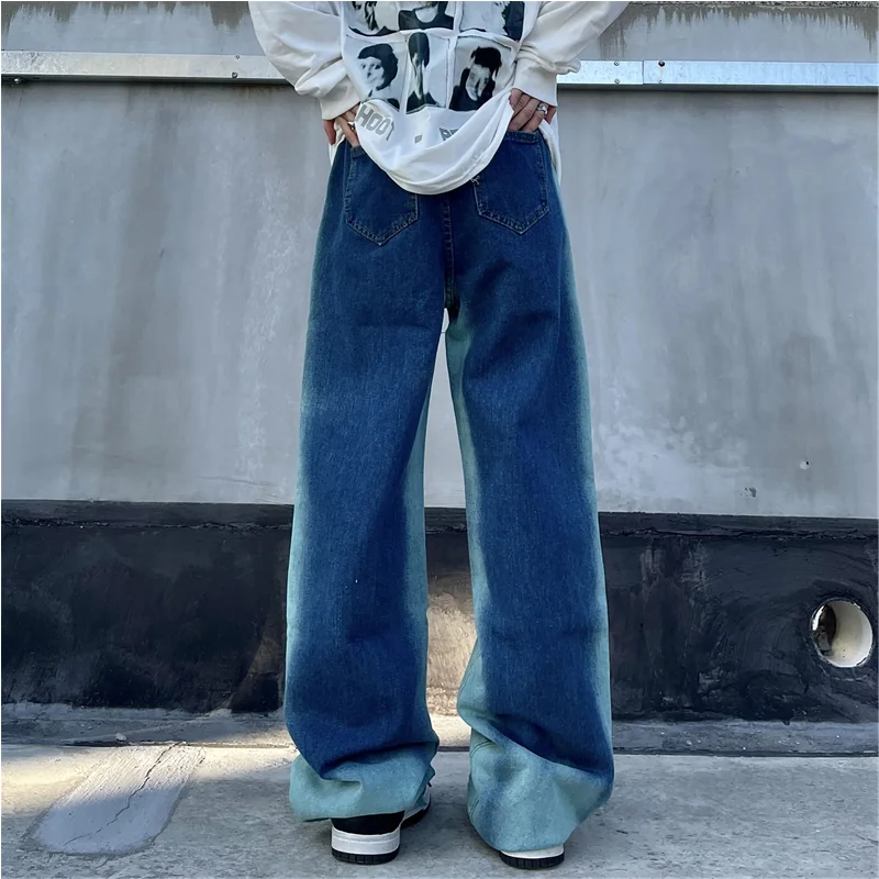 Streetwear Men 2022 New Pattern Vintage Gradient Blue Pants American Straight Cylinder Comfortable Loose Jeans Autumn Female