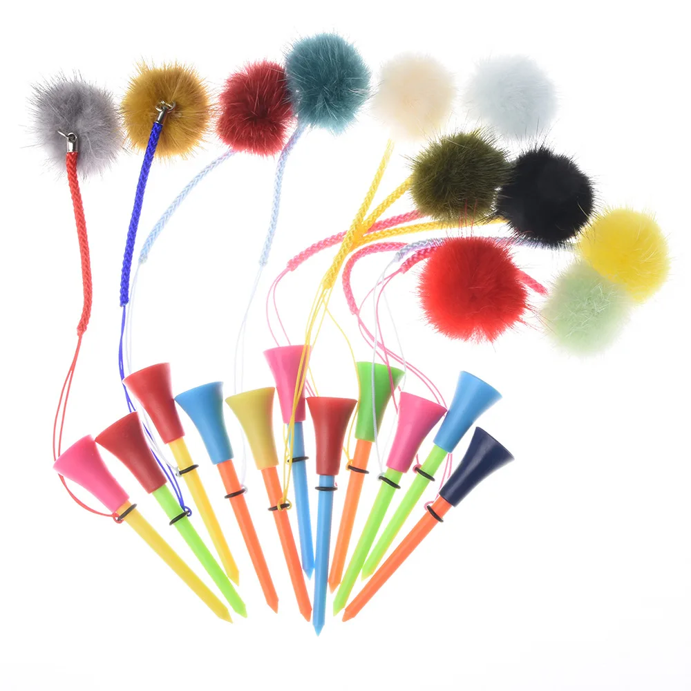 10 Pcs Plastic Golf Tee 83mm with Mink Hair Pendant Anti-Lost Cord Golf Training 8*12CM Golf Ball Holder Random Color THANKSLEE