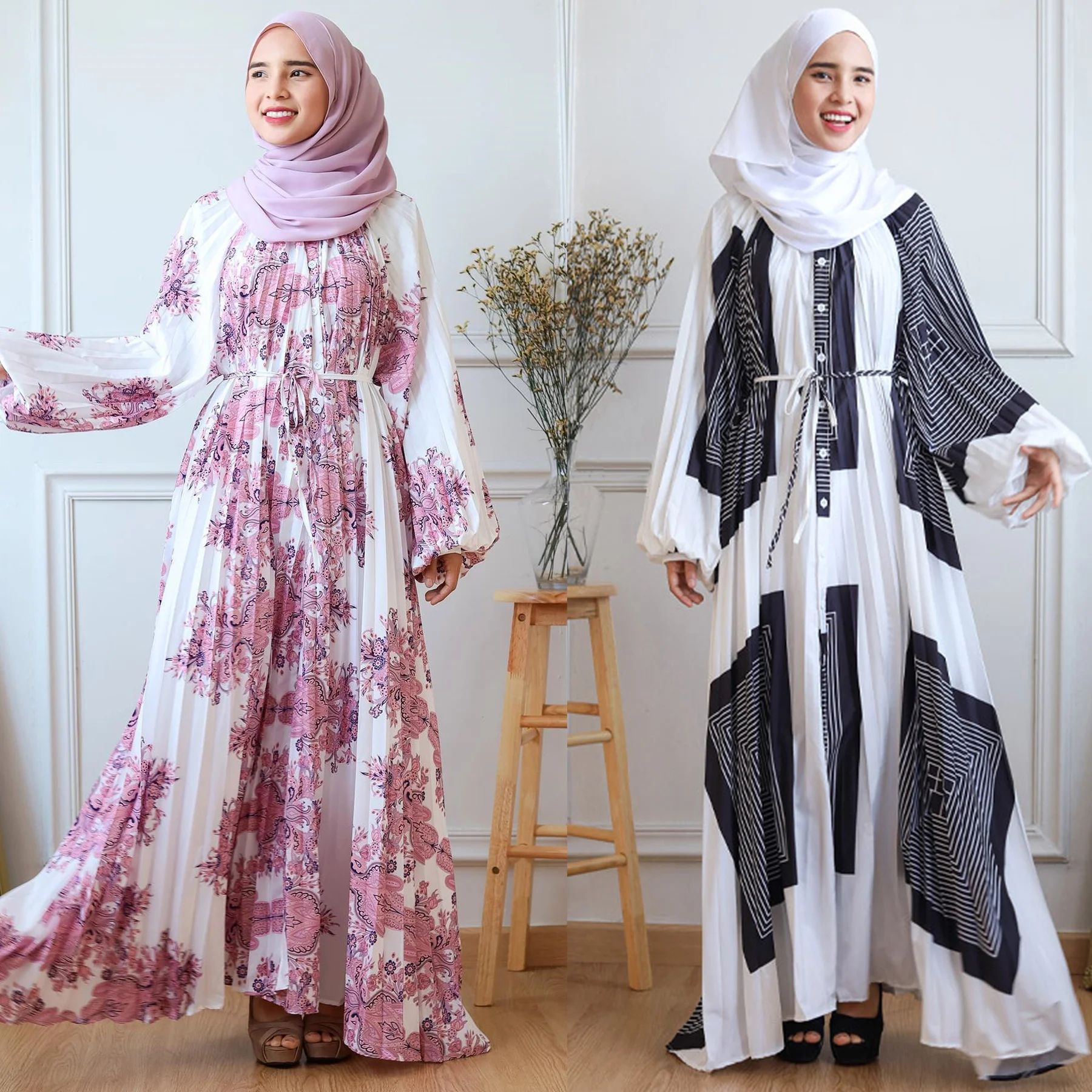 

Abaya For Women Printed Long Dress Loose Pleated Lantern Sleeves Casual Robe Dress Islamic Muslin Women Robe Fashion Clothing