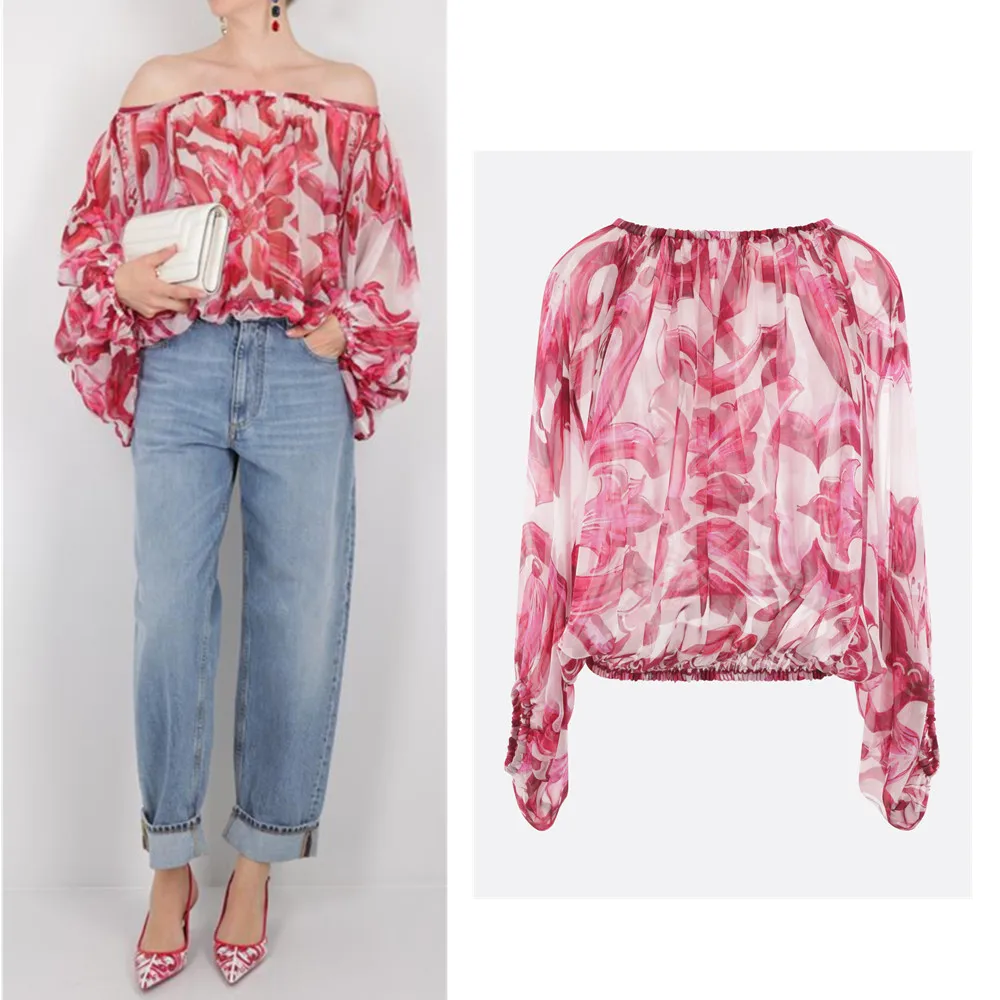 Женская шелковая блузка с открытыми плечами сине-белая Свободная фарфоровым