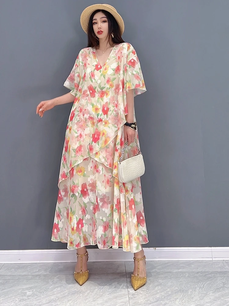 

SuperAen 2022 Summer New Fashion Casual Printing Chiffon Loose Oversized Butterfly Sleeve A-LINE V Neck Dresses for Women