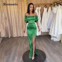 romantic green satin silk evening dress off the shoulder side high slit saudi arabia long prom gowns for women vestido de festa