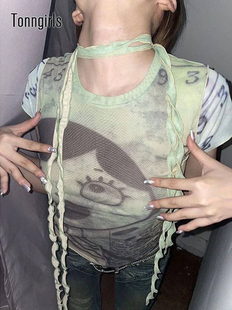 

Топ женский сетчатый составного кроя с японским принтом, Y2k