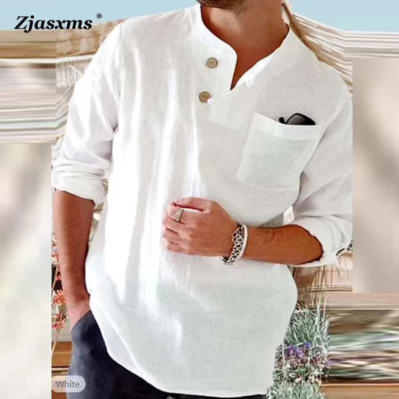 

Рубашка мужская с воротником-стойкой, модная повседневная блузка свободного покроя с карманами, сорочка из хлопка и конопли на пуговицах, длинный рукав, однотонная офисная блуза