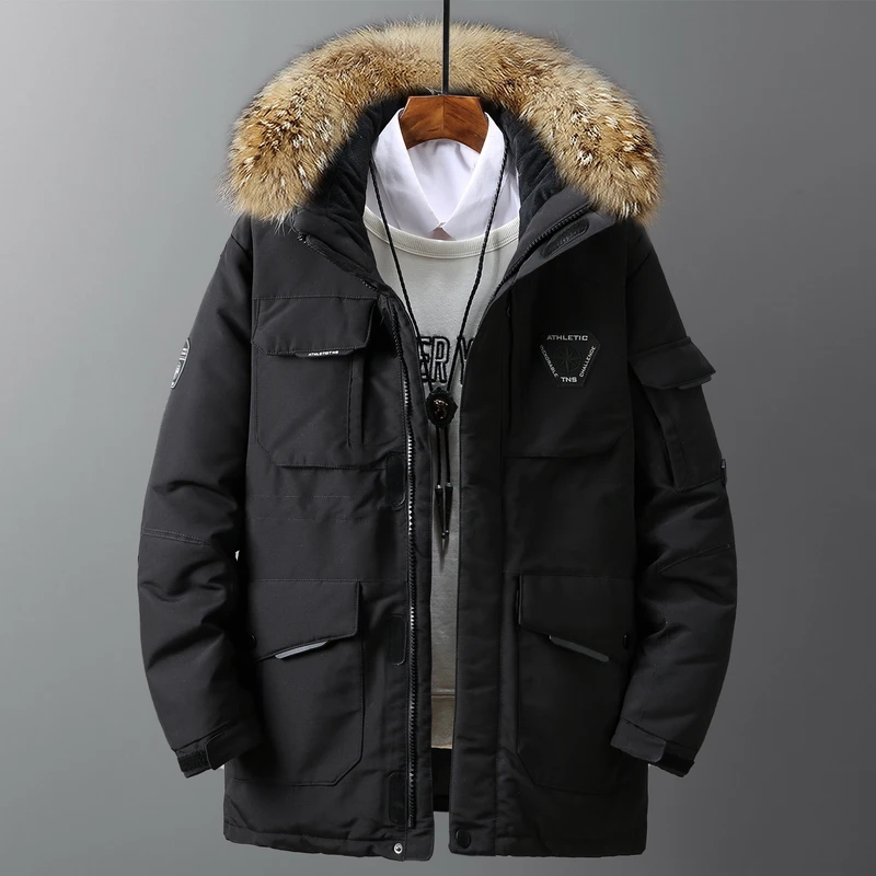

-25 Degree Mens Winter White Duck Down Jacket Windproof Detachable Hat Fur Collar Parkas Thicken Coat Snow Overcoat Fleece Coats
