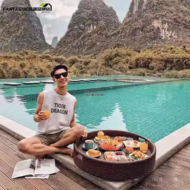 Балийский поднос из ротанга плавающий для бассейна завтрака послеобеденный чай