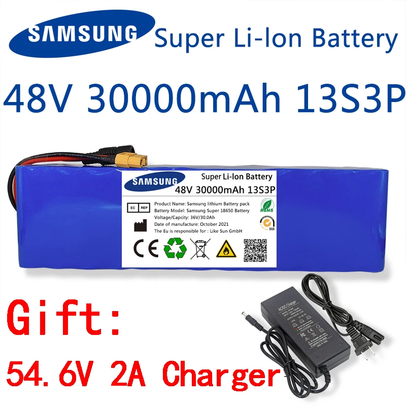 

New 48V 30000mAh 500w 13S3P XT60 18650 Lithium ion Battery Pack 30Ah For 54.6v E-bike Electric bicycle Scooter with BMS+charger