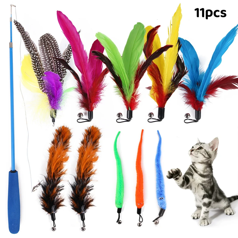 

11pcs/set cat toys Feather Teaser Stick Wand Pet Retractable Feather Bell Refill Replacement Catcher Product for Kitten cat toy