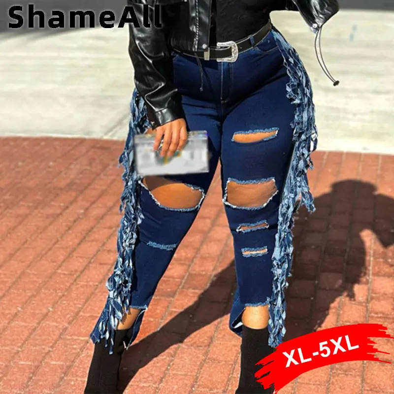 

Plus Size Broken Worn Edges Ripped Tassel Stretchly Skinny Jeans 4XL Sexy Street Cut Out Hollow Holes Slim Fit Pencil Denim Pant