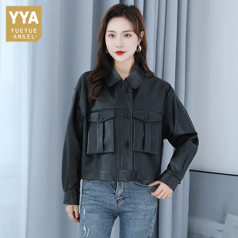 

Women Short Genuine Leather Designer Biker Jackets Office Lady Single Breasted Loose Outerwear Elegant Black Sheepskin Coat