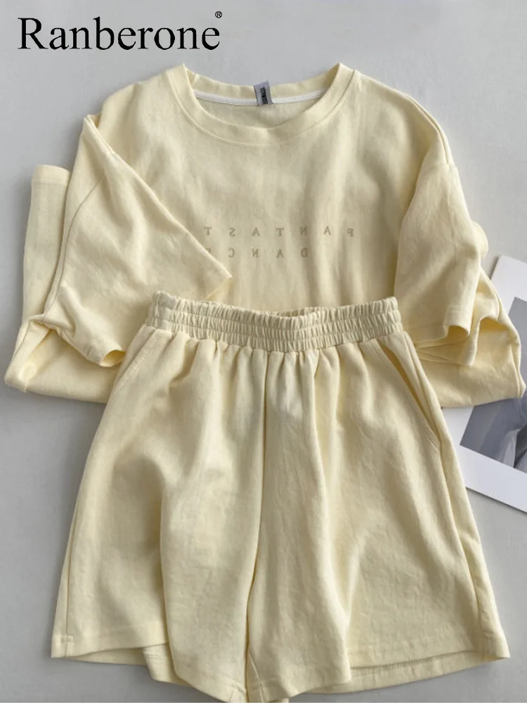 Ranberone Women O Neck Letter Short-sleeved T-shirt and Shorts Suit Summer New loose Casual Two-piece Sets Korean Women's Sets