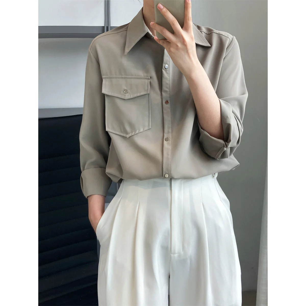 

Metal Button Down Hanging Long Sleeve Shirt Women's Loose Design Blouse