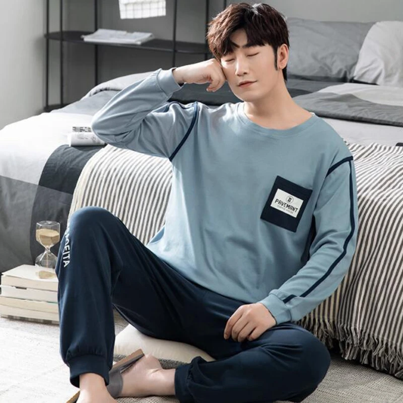 Men's Autumn Winter Cotton Pajamas Suit Letter Striped Sleepwear Casual Sleep&Lounge Pyjamas Pijama Home Clothes
