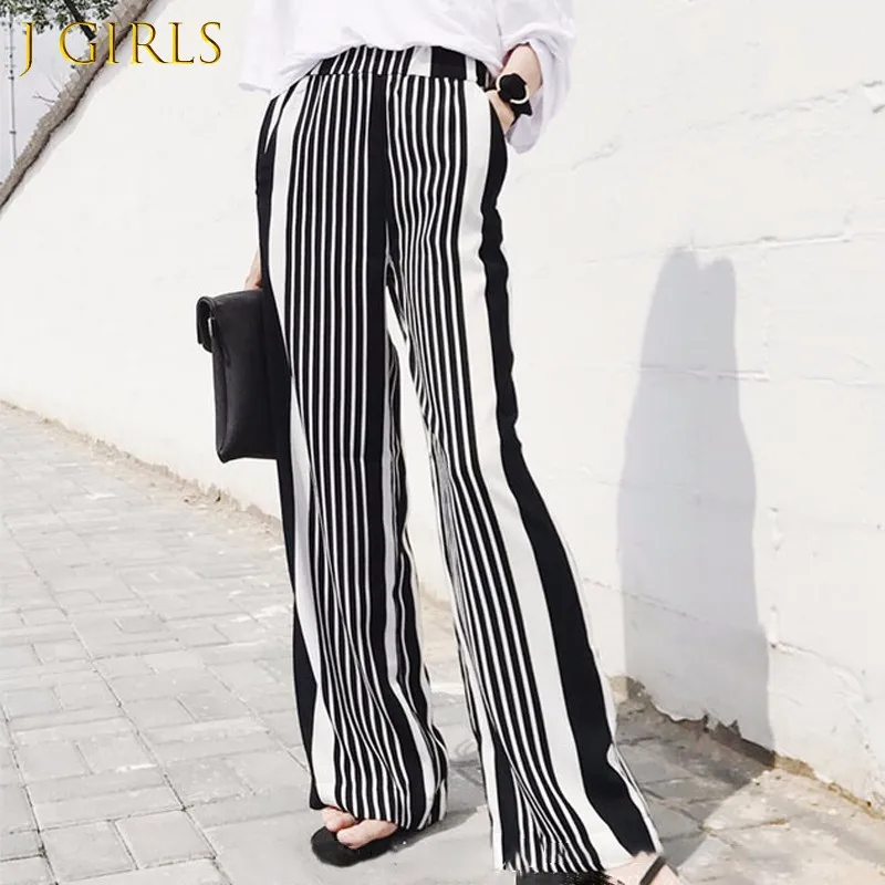 

Chiffon Pant Womens Striped Patchwork Elastic High Waist Oversize Long Wide Leg Trouser Spring 2018 Fashion Vintage