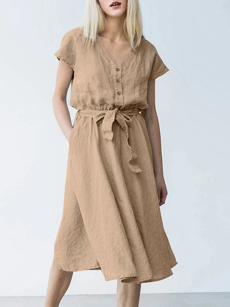 

Модный женский сарафан ZANZEA, Элегантное летнее повседневное свободное платье-рубашка с v-образным вырезом и коротким рукавом, платье-кафтан ...