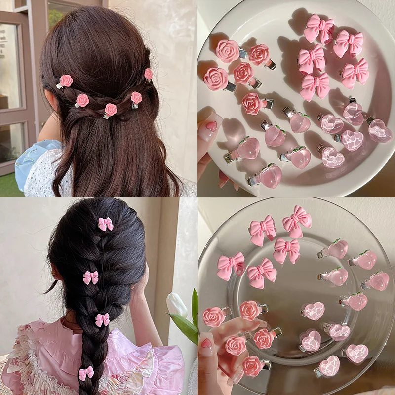 

5PCS Cute Hair Accessories Bow Small Hairpins Peach Rose Headwear Girl Side Bangs Clip Sweet Hair Clips Headdress Jewelry