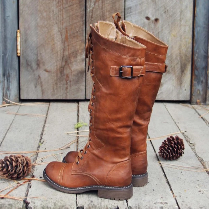 

Autumn Winter Fashion Round Toe Lace Up Low-heeled High Boots Cross Straps Tower Buckle Knight Boots Women Botas Altas Mujer
