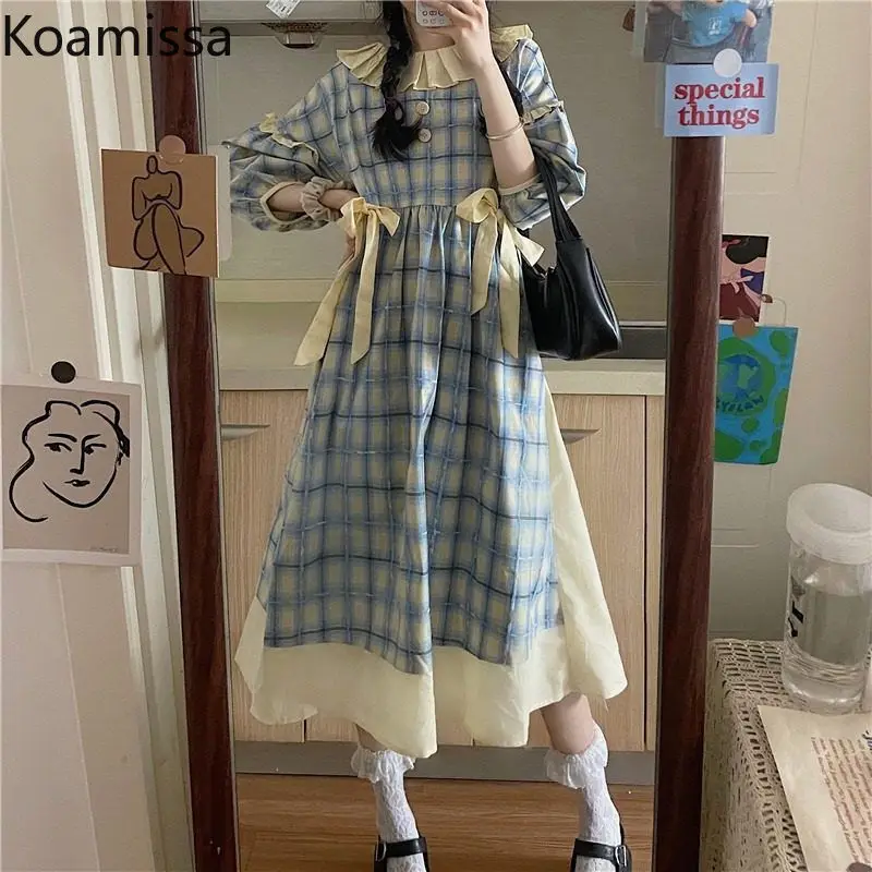 

Koamissa Vintage Plaid Women Japan Style Maxi Dress Students Casual Loose Long Sleeves Dresses Female Chic Korean A Line Vestido