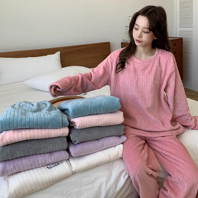 Solid Color Ladies Pajama Sets Thicken Autumn And Winter Keep Warm Nightgown Comfortable Soft Sleepwear Suit Simple Style