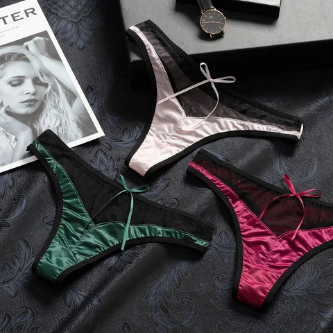 SP&CITY Bow Mesh Hollow Out Sexy Thong Transparent Women's Underwear Low Waist Crotch Cotton Lace Panties Satin Seamless Briefs