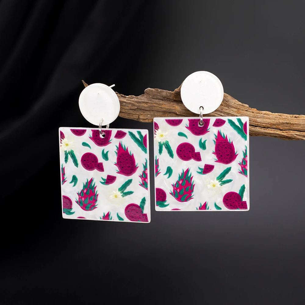 Новые модные квадратные акриловые висячие серьги с рисунком питаи фруктов для