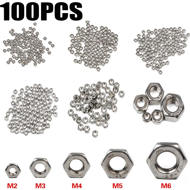 

50/100pcs 304 Stainless Steel Hex Nuts M2 M3 M4 M5 M6 Metric Thread Hex Nuts