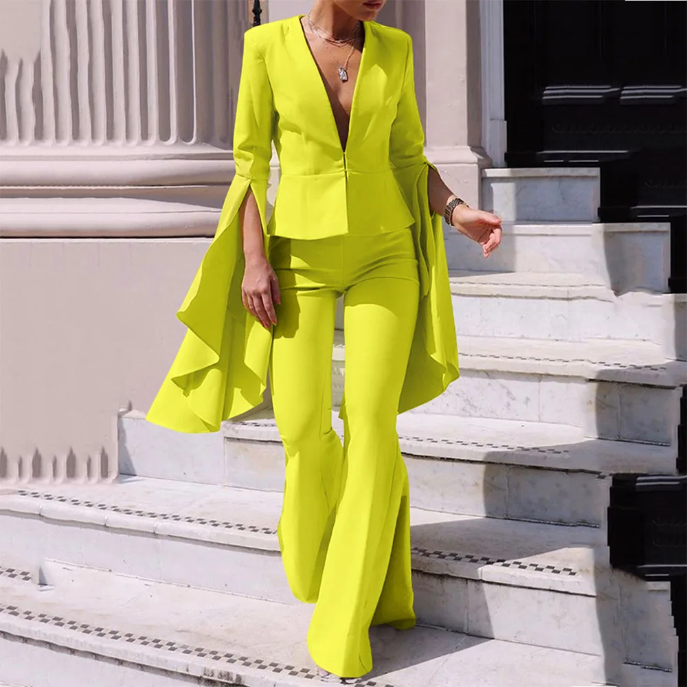

2022 new spring goddess fan temperament coat top high waist big swing flared pants fashion suit two-piece women