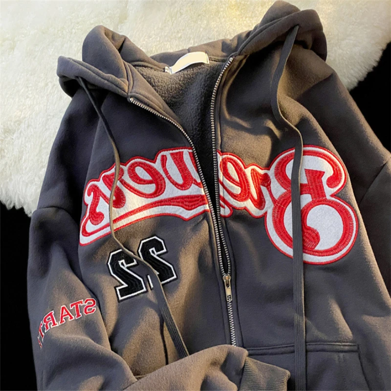 

Embroidery Letter Zipper Hoodies Women Oversize Sweatshirt Coat Female Winter Loose Streetwear Top Harajuku Fleece Hooded Jacket