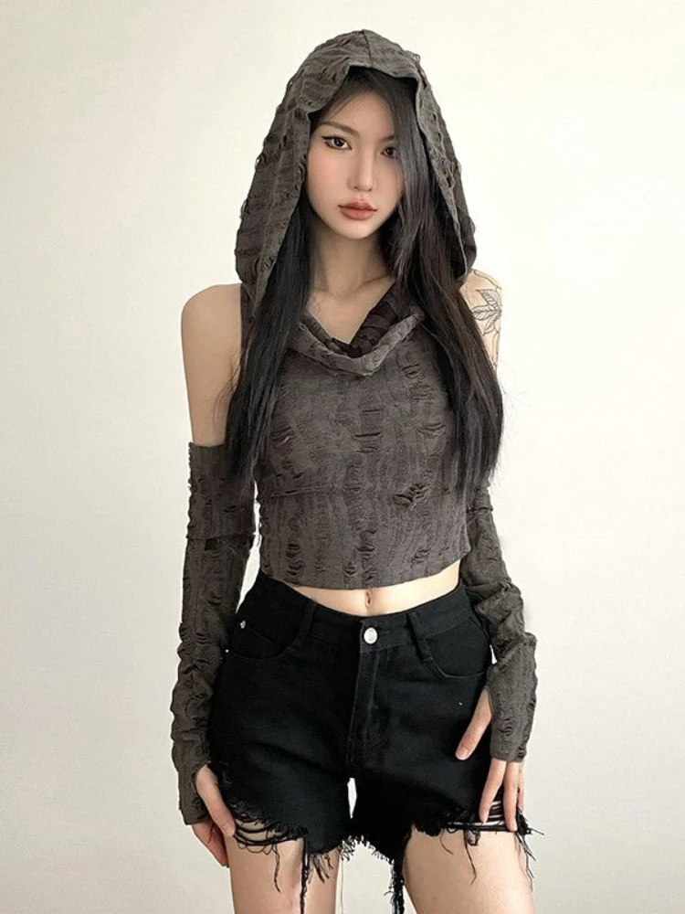 

ADAgirl Sexy Gray Hooded Tank Top Y2k Sleeveless Off Shoulder Slim Crop Tops Summer Streetwear Hollow Out Outfits Ropa De Mujer
