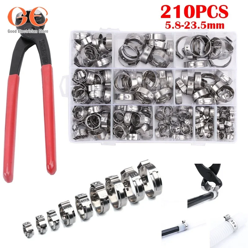 210pcs Single Ear Stepless Hose Clamps 5.8-23.5mm 304 Stainless Steel Hose Clamps Cinch Pliers Rings for Sealing Tools Set