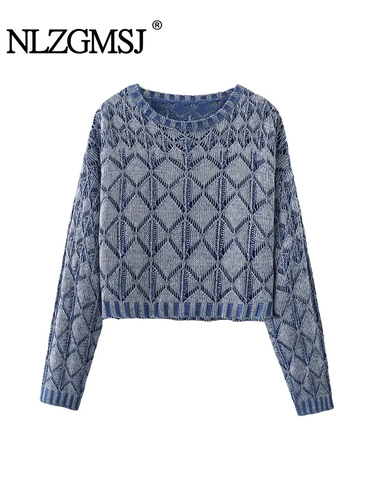 

Женская осенне-зимняя вязаная крючком рубашка Nlzgmsj TRAF с круглым вырезом, геометрический ромбовидный клетчатый свитер, пуловеры, короткий топ
