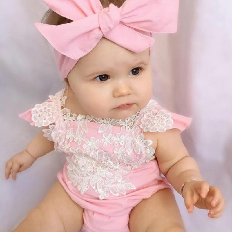 

New Super Cute Pink Romper for Baby Girls Newborn Baby Girl Rompers Jumpsuit Lace Floral Clothes Headband Outfits Sunsuit