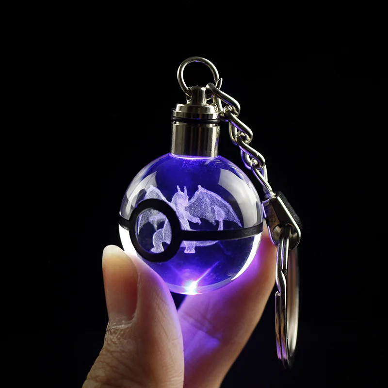 Pokemon 3D Laser Engraving Crystal Character Ball Pokemon Keychain Pikachu Charizard Gengar Toy for Kids Christmas Gifts