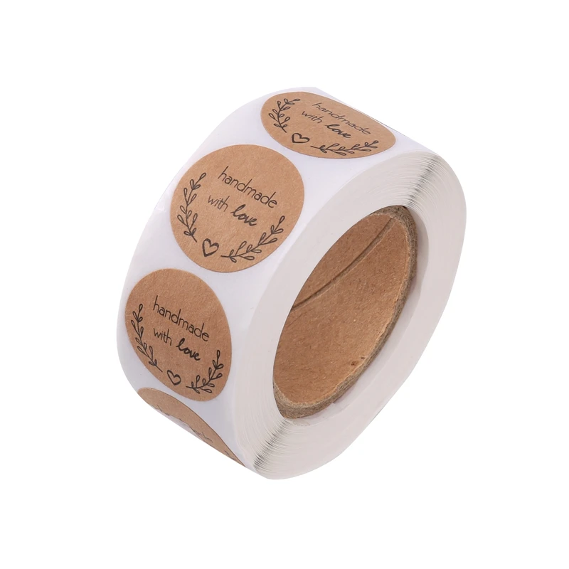 

1 Inch Round Natural Kraft Olive Branch Handmade With Love Stickers / 500 Labels Per Roll