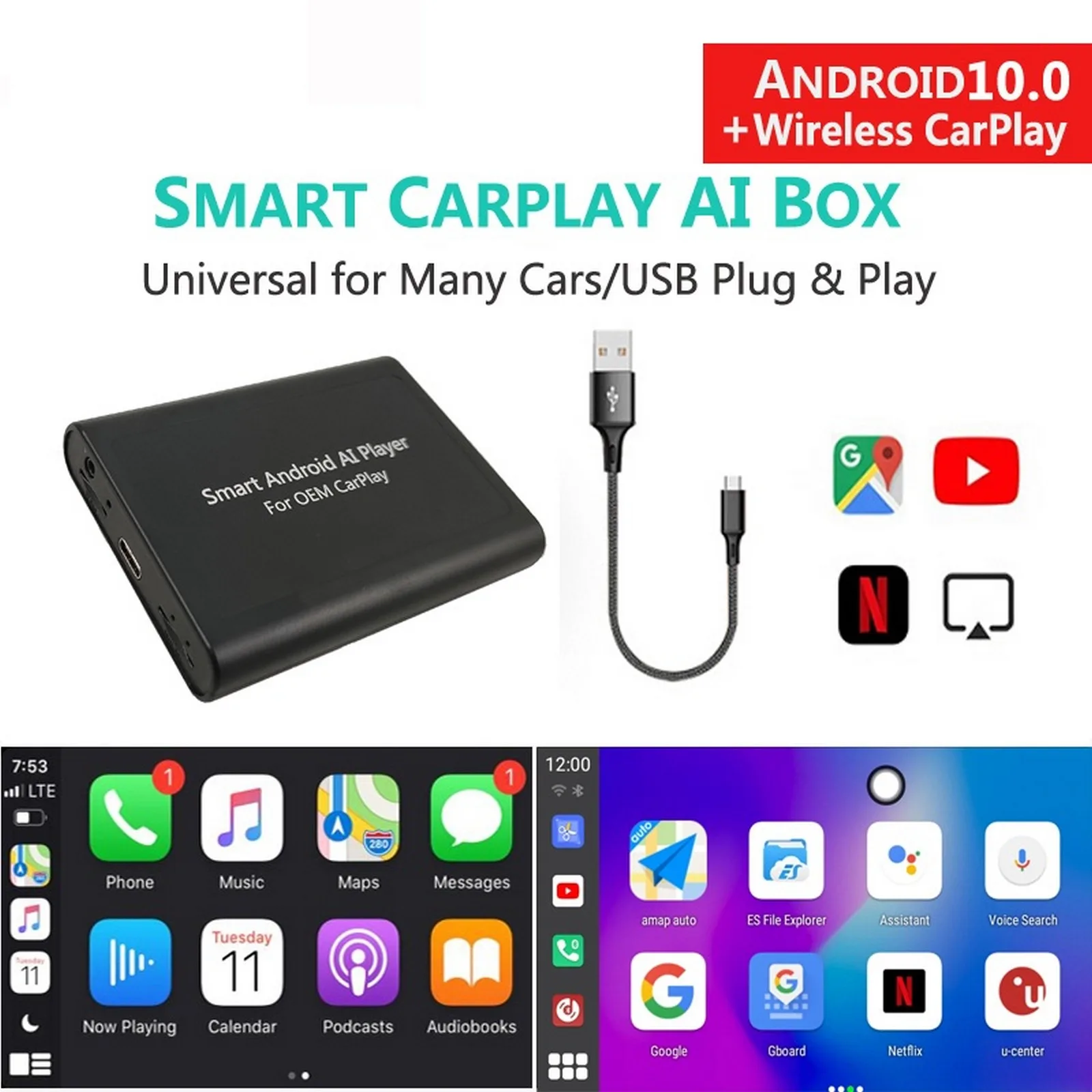 

Carplay Ai Box беспроводной Carplay Android Box Автомобильный мультимедийный плеер версия 4G + 64G Аудио навигация автомобильный Интеллектуальный системный...